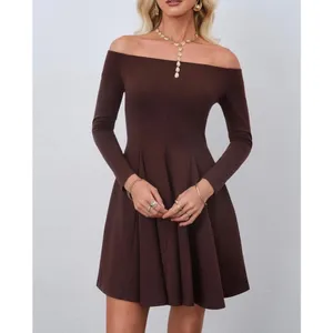 NEW Brown Off The Shoulder Long Sleeve A Line Pleated Mini Dress S thumbnail 2