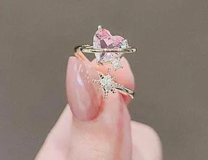 18K Gold Plated Adjustable Pink Crystal Love Heart Ring for Women thumbnail 1