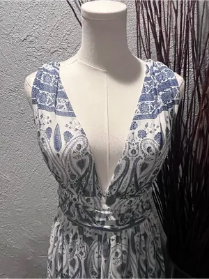 🌸AaKaa BLUE AND WHITE PAISLEY BOHO MAXI DRESS SIZE SMALL🌸 thumbnail 3