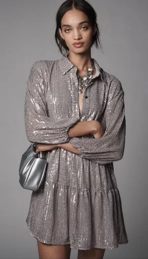 Anthropologie Maeve Bettina Mini Shirt Dress in Sparkly Silver Sequins Size XS‎ thumbnail 1