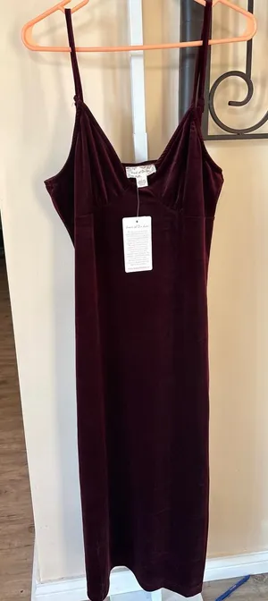 Band of the Free Women Burgundy Velvet Midi Dress V-Neck Pleated Bust Size L thumbnail 1