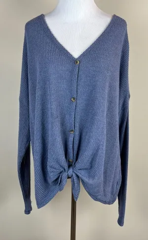 American Eagle Top Womens XL‎ Blue Knit Tie Front Button Up Long Sleeve V-Neck thumbnail 1
