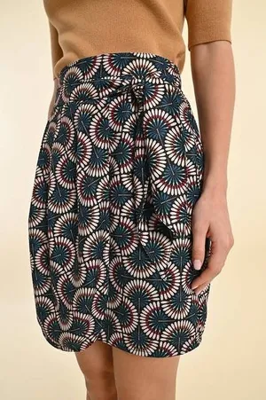 Molly Bracken Geometric Fan Print Wrap‎ Tulip Skirt Navy Blue Teal Coral NEW thumbnail 1