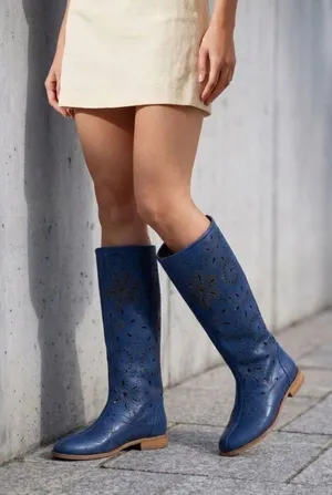 RARE Unbranded Blue Perforated Leather Summer Boots Boho Laser Cut Size 39 thumbnail 1