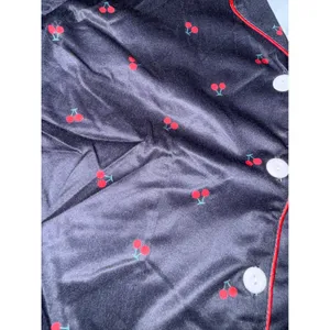 NIB- Black Cherry Print Satin Pajama Set Short Sleeve Button Down & Shorts Small thumbnail 3