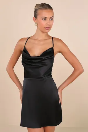 NWT Lulus Luxe Reputation Black Satin Sleeveless Cowl Neck Mini Dress Party Sz M thumbnail 1