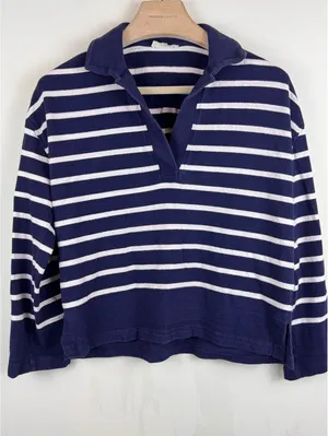 Madewell Rugby Polo Tee Navy White Stripe Oversized Coastal Preppy Size S thumbnail 3