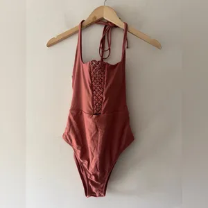Aerie Macrame Boho‎ Scoop Neck Halter One Piece Swimsuit Bathing Suit thumbnail 3