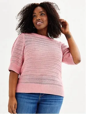 Sonoma Goods For Life Pjnk Crochet Elbow Length Sleeve Scoop Sweater1X NWOT thumbnail 1