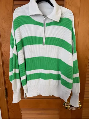 Aerie oversized cropped 1/4 zip Striped Sweater white and green size Med thumbnail 2