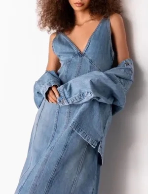 Zara Oversized Denim Seamed V Neck Sleeveless Midi Dress Side Zip Up S Blue Wash thumbnail 1
