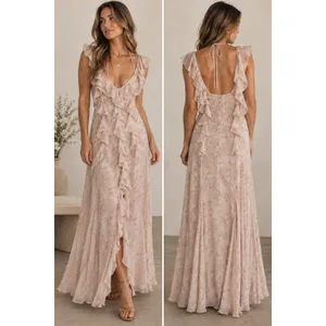 Storia Womens Floral Ruffle Maxi Dress Red Cream Sleeveless Sz L Dainty Feminine thumbnail 2