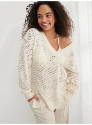 Aerie Cream Off-the-Shoulder Sweater with Loose Knit Women’s XXL Lounge Oversize thumbnail 1