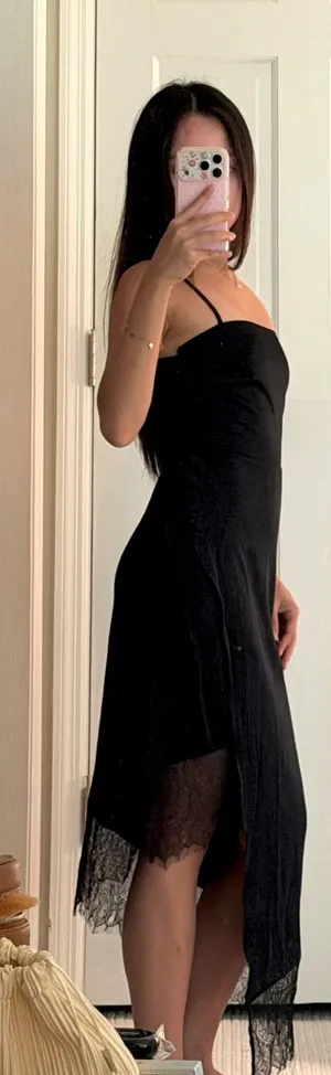 Black Slip Mini Dress with Lace Hem thumbnail 1