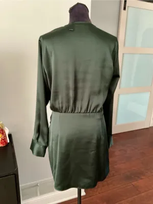 ZARA Emerald Green Satin Wrap-Style Long Sleeve Dress🌹 thumbnail 2