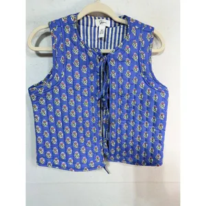 Japna Vest Quilted Floral Tie Front 100% Cotton Women's M Blue Cottagecore Boho thumbnail 2