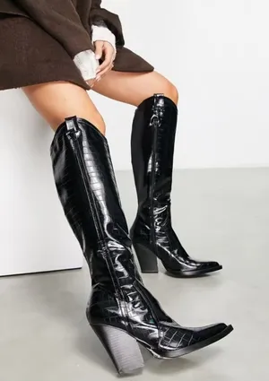 ASOS DESIGN Catapult Western Knee Boots – Black Croc, Size 8 Wide Calf thumbnail 1