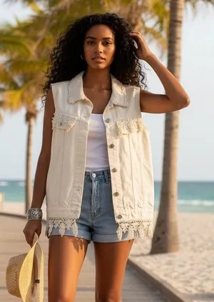Glitter‎ & Gold Houston Cream Denim Vest Crochet Lace Grape Trim Womens Medium thumbnail 1