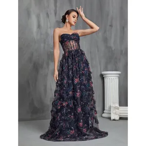 Dressalisa Maxi Gown Womens S Navy Gently Used Floral‎ Corset Tiered Ruffle Mesh thumbnail 9