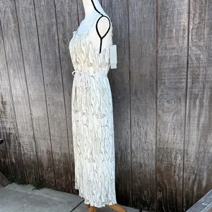 S Deer Shabby Chic Spaghetti Strap Cream & Green Print Elegant Maxi Dress Size L thumbnail 6
