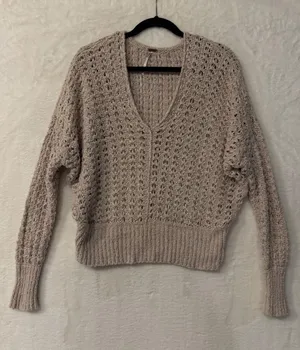 Free People V-Neck Dolman Sweater Oatmeal Beige Open Knit Cotton‎ Blend Size M thumbnail 1