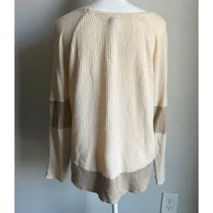 FP One Cream and Brown Boho Colorblock Thermal Ribbed Blouse Size M thumbnail 4