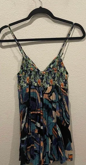 Free People Abstract Print Front Cut Out Smocked Flowy Romper thumbnail 1