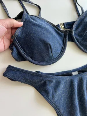NWOT Navy Blue Shimmer Metallic Glitter Underwire Bikini Bathing Suit Set L thumbnail 8