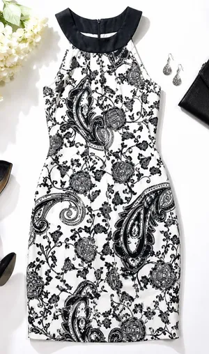 White House Black Market Silk Paisley Sheath Dress Black White Size 4 thumbnail 1