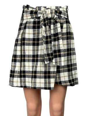 NEW Zara Black White Plaid Paperbag Tie Belt Preppy Checkered Wrap Mini Skirt XS thumbnail 1