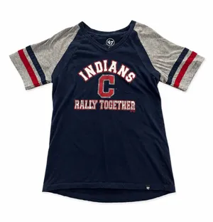 ‘47 Cleveland Indians Rally Together Women’s V Neck T Shirt Navy Gray M MLB thumbnail 1