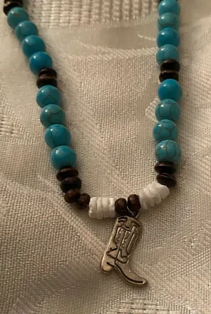 16” Necklace Cowboy Boot Pendant Faux Turquoise Black & White Beads Western thumbnail 1