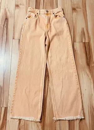 Zara Jeans Women’s Lt Orange Sz 4 High Rise Wide Leg Denim Raw Hem Boho Summer thumbnail 1