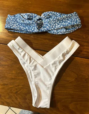 SheIn Blue Flowered Strapless Bikini Top With White Bottoms thumbnail 2