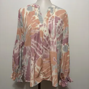 Entro Blouse Large Pastel Tie Dye Balloon Sleeve V-Neck Boho Festival Watercolor thumbnail 2