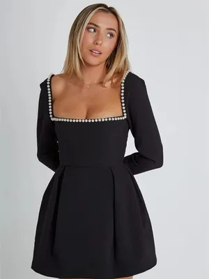 Odd Muse London Pearls Mini Dress Black square neck long sleeve thumbnail 5