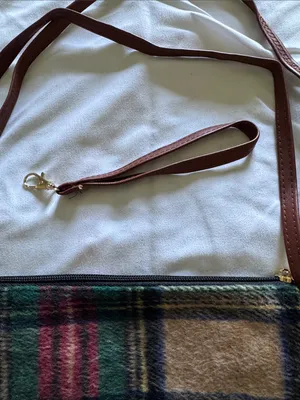 Plaid Wool Crossbody or Wristlet Bag with Brown Leather Tassel Zipper Pull thumbnail 3
