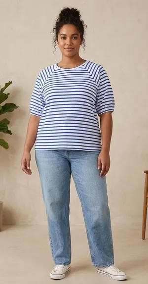 J.Crew T-Shirt Womens S Blue Striped‎ AW139 Puff Raglan Sleeve Cotton Top thumbnail 1