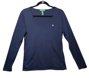 Lauren Ralph Lauren Navy Blue V-Neck Long Sleeve Cotton Top RL Monogram Size M thumbnail 1