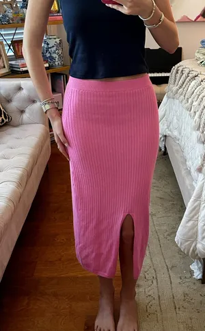 Free People Ribbed Pink Midi Skirt with Front Slit thumbnail 1