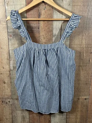Old Navy Blue White Striped Ruffle Strap Linen Cotton Top Large Coastal Nautical thumbnail 1