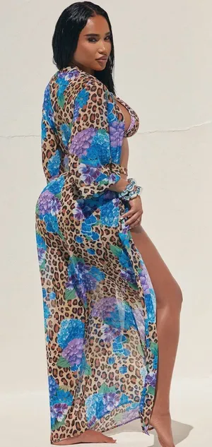 Sheer Leopard Floral Cover-Up Maxi - Blue/Purple thumbnail 1