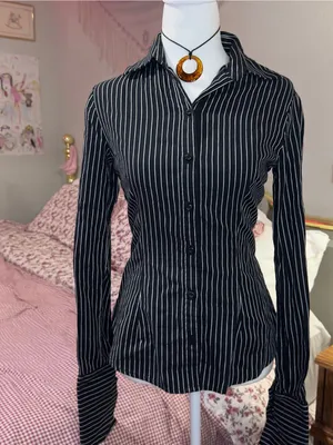 Y2K Office Siren Black Pinstripe Button-Down Women's Shirt thumbnail 3
