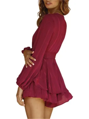 Selfie Leslie Burgundy Red V-Neck Ruffled Mini Romper thumbnail 7