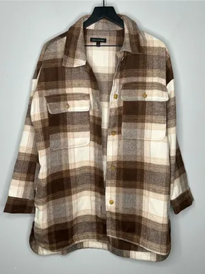 Banana Republic Brown Beige Plaid Wool Blend Shirt Jacket Size L thumbnail 3