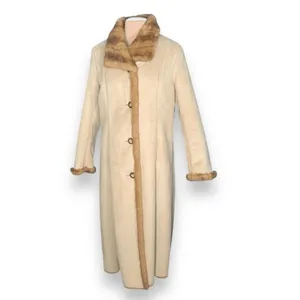 Vintage 90s Longline Cream Vegan Suede Leather Coat Faux Fur Collar Trim Large‎ thumbnail 3
