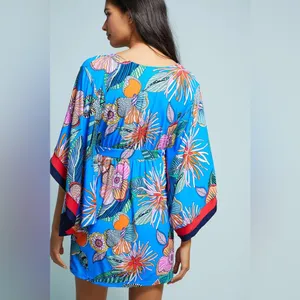 NWT Trina Turk Tahiti Cover-Up Dress Size Small Blue Tropical Print Tunic Resort thumbnail 2