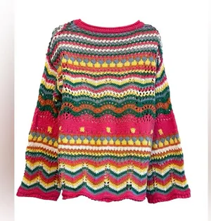 Ecosunny Women's Sweaters Long Sleeve Crew Neck Color Block Striped Hollow thumbnail 5