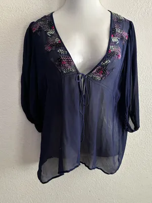Anthropologie Saivana Silk Beaded Sheer Embroidered V-Neck Peasant Navy Blouse M thumbnail 1