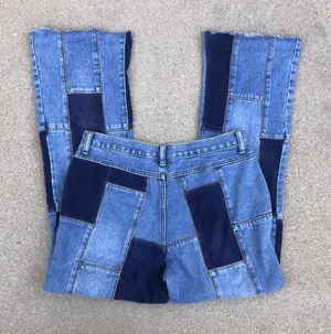 Y2K 2000s Denim Patchwork Boho Indie Mid Rise Wide Flare Bootcut Bell Bottom Jeans #Grunge #Western #Granola #Punk #Skater #Festival #Cottagecore thumbnail 1